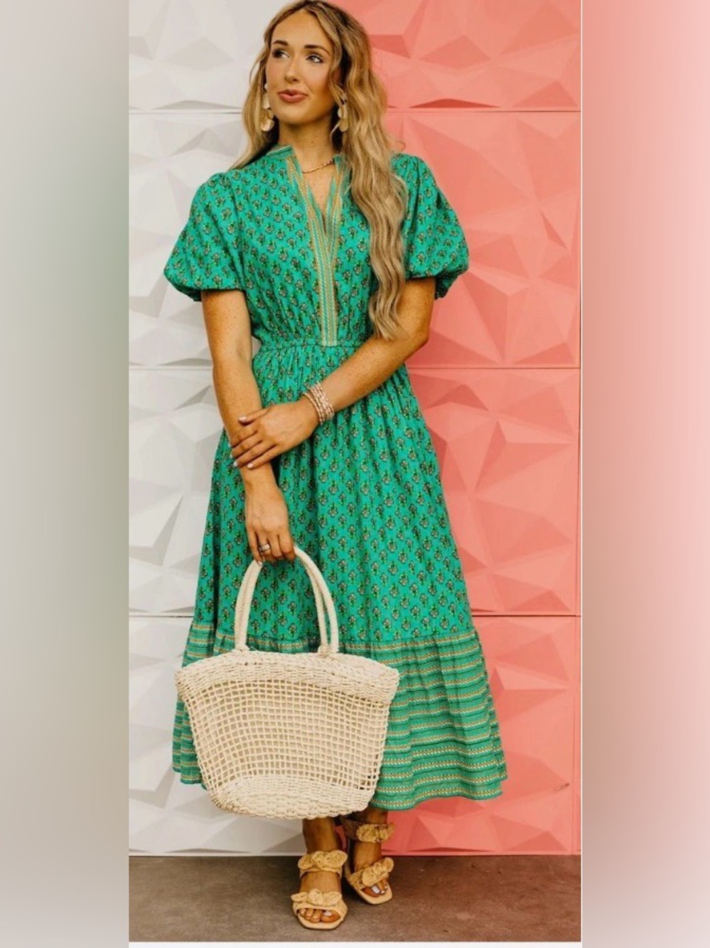 THML The Dillon Puff Sleeve Floral Maxi Dress, Teal, NWT, Medium, Hand Printed